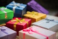 Various color of christmas&happy new year gift boxes stack, reward holiday presents greeting celebration card concept Royalty Free Stock Photo