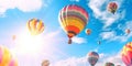 Various color hot air balloons flying in blue sky in sunny summer day.Macro.AI Generative Royalty Free Stock Photo