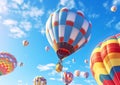 Various color hot air balloons flying in blue sky in sunny summer day.Macro.AI Generative Royalty Free Stock Photo