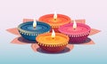 Various Color Lit Diyali (Oil Lamp) on Rangoli at Light Blue Background. Indian Festival of Diwali Celebration Royalty Free Stock Photo