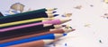 Various Color of Pencils Corner View on a Pure White Background.Sorted Colorful Pencils with Selective Focus on Subject.Blurry