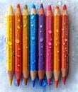 Various color pencils with splash water on white background.AI generated Royalty Free Stock Photo