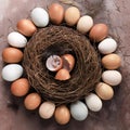 Various Color Raw Chicken and Duck Eggs on Bird Nest Royalty Free Stock Photo