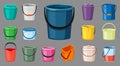 Various colored buckets set. Plastic blue container for transferring liquids necessary pink aluminum help household Royalty Free Stock Photo