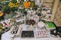 Various colored delicious sweets in a candy bar at a wedding. Sweet table. Wedding buffet Royalty Free Stock Photo
