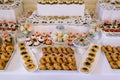 Various colored delicious sweets in a candy bar at a wedding. Sweet table. Wedding buffet Royalty Free Stock Photo