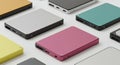 Various colored external hard drives are arranged on a light surface. The devices have Royalty Free Stock Photo