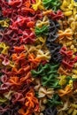 Various colored farfalle and fusilli pasta textures in a close-up. Royalty Free Stock Photo