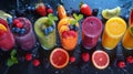 Various colored fruit and fruit infused smoothies and drinks in a row, top view.