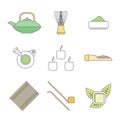 Various colored outline japan tea ceremony equipment icons set