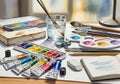 Various colored paints, several paintbrushes, and watercolor Royalty Free Stock Photo