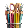 Various colored pencils and scissors, isolated on a white background, perfect for school, art, and craft projects Royalty Free Stock Photo