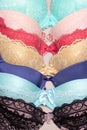 Closeup of multi-colored bras - colored push-up brassieres