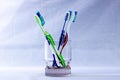 Various colored toothbrushes in a transparent glass cup with a white background Royalty Free Stock Photo