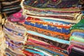 Various colorful carpets and fabrics on traditional Turkish market in Istanbul Royalty Free Stock Photo