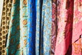 Various colorful carpets and fabrics on traditional Turkish market in Istanbul Royalty Free Stock Photo