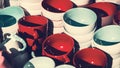 Various colorful ceramic bowls and cups Royalty Free Stock Photo