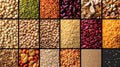 Various colorful cereals and legumes, top view, generative AI.