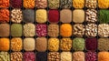 Various colorful cereals and legumes, top view, generative AI.