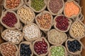 Various colorful dried legumes in sackcloth