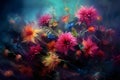 Various colorful flowers against a dark background, creating a striking contrast that draws the viewer\'s eye.