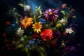 Various colorful flowers against a dark background, creating a striking contrast that draws the viewer\'s eye.