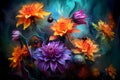 Various colorful flowers against a dark background, creating a striking contrast that draws the viewer\'s eye.