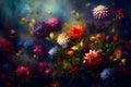 Various colorful flowers against a dark background, creating a striking contrast that draws the viewer\'s eye.