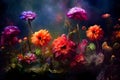 Various colorful flowers against a dark background, creating a striking contrast that draws the viewer\'s eye.