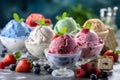 Various colorful ice cream sorts with fruits