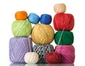 Various colorful skeins of wool yarn and crochet hooks Royalty Free Stock Photo