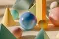Various colorful spheres and cones arranged in an abstract composition with soft lighting and shadows creating a harmonious blend Royalty Free Stock Photo
