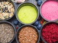 Various colorful superfood powders, cleasing and detox concept Royalty Free Stock Photo