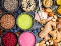 Various colorful superfood powders, cleasing and detox concept Royalty Free Stock Photo