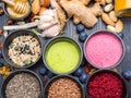 Various colorful superfood powders, cleasing and detox concept Royalty Free Stock Photo