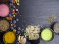 Various colorful superfoods collection on dark background