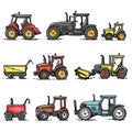 Various colorful tractors trailer, cartoon representation, agriculture machinery. Different models