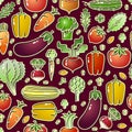 Various colorful vegetables isolated on purple background. Seamless pattern. Vector. Royalty Free Stock Photo