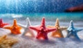 various colors of purple, yellow, white, orange, red blue and light yellow starfish Royalty Free Stock Photo