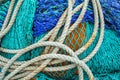 Various coloured ropes and fishing nets Royalty Free Stock Photo