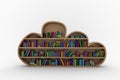 Various colourful books arranged on wooden shelves