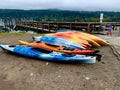 Various kayaks showcased at Rocky Point Park on cloudy day, September 19 2020