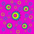 Various concentric circles pattern lemon lime green and light blue on magenta connected with blue lines