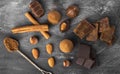 Various confectionery: chocolate, candies on a dark background