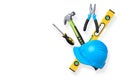 Various construction tools including wrench, hammer, pliers, and helmet isolated on white background with clipping path Royalty Free Stock Photo