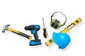 Various construction tools including wrench, hammer, pliers, and helmet isolated on white background with clipping path Royalty Free Stock Photo