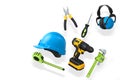 Various construction tools including wrench, hammer, pliers, and helmet isolated on white background with clipping path Royalty Free Stock Photo