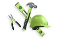 Various construction tools including wrench, hammer, pliers, and helmet isolated on white background with clipping path Royalty Free Stock Photo