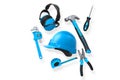Various construction tools including wrench, hammer, pliers, and helmet isolated on white background with clipping path Royalty Free Stock Photo