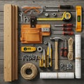 Various construction and woodworking tools are neatly arranged on a wooden surface. Items include Royalty Free Stock Photo